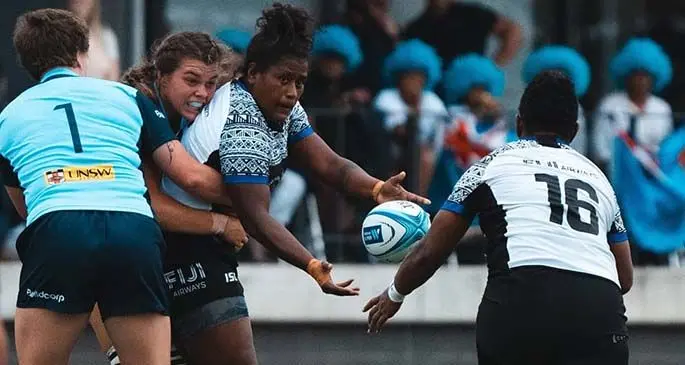 Fiji Airways Fijiana XV prop Makereta Tunidau offloads during the clash against NSW Waratahs in Sydney, Australia on February 22, 2020. Photo: Oceania Rugby