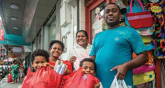 The Ravouvovu family (from left): Litia 8, Ecelina 11, Mikaele Jnr 6, Olivia (mother) and Mikaele Ravouvou (father) during their back-to-school shopping in Suva on January 24, 2024. Photo: Leon Lord