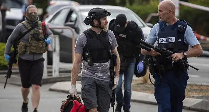 Officers from the New Zealand Armed Offenders Squad after the shooting in Chirstchurch, New Zealand on March 15, 2019.