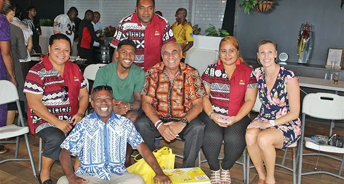 First from left Jennie Osborne, Fiji Airways Flying Fijians player Frank Lomani and Joe Rodan Snr. Picture: Simione Haravanua