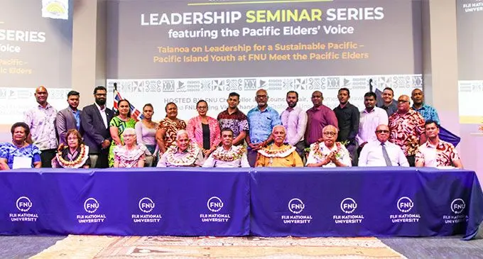 Sitting (left-right): Professor Unaisi Nabobo-Baba, Dr Hilda Heine, Professor Konai Helu Thaman, Professor Robert Underwood, Dr Mahendra Kumar, Honourable Anote Tong, Ambassador Kaliopate Tavola, FNU Chancellor Semesa Karavaki and FNU Council member, Navin Raj Shayam with FNU staff and students. 