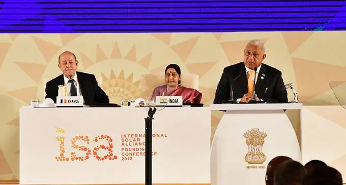 Prime Minister Voreqe Bainimarama speaks at the ISA Founding Conference in New Delhi, India. Photo: DEPTFO.