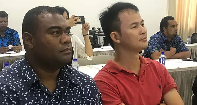 From left: Rosie Holidays Director of Sales Mitieli Vodonaivalu and Tour Managers Chinese Department Manager Jack Rong at the conference at Nalagi Hotel, Nadi on February 29, 2020. Photo: Charles Chambers