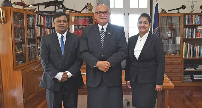 From left, acting Chief Justice Kamal Kumar, President Joji Konrote and resident magistrate Nilmini Fernandez after the swearing in at State House. Photo: Deptfo News