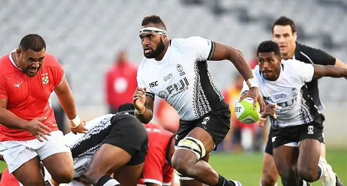 Fiji Airways Flying Fijians Semi Kunatani on attack against Tonga at Eden Park. Photo: PhotosportNZ