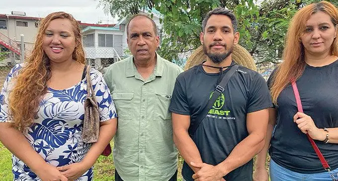 South Pacific Boxing Promotions director Mohammed Shameem (second from left) with Fiji super welterweight champion Winston Hill in Toorak, Suva, on May 13, 2024. Photo: Supplied