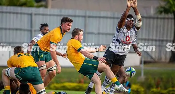 by Vodafone Flying Fijians winger Vinaya Habosi during the Pacific Nations Cup clash at Churchill Park, Lautoka, on July 9, 2022. The Flying Fijians faces the unbeaten Manu Samoa while Australia A takes on Tonga this Saturday. Photo Leon Lord.