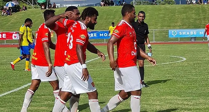 Rewa striker Samuela Nabenia (closest to camera) is congratulated by team-mates for scoring their second goal during the Digicel Premier League clash againat Nadroga at Churchill Park, Lautoka, on April 11, 2021. Photo: Fiji FA Media