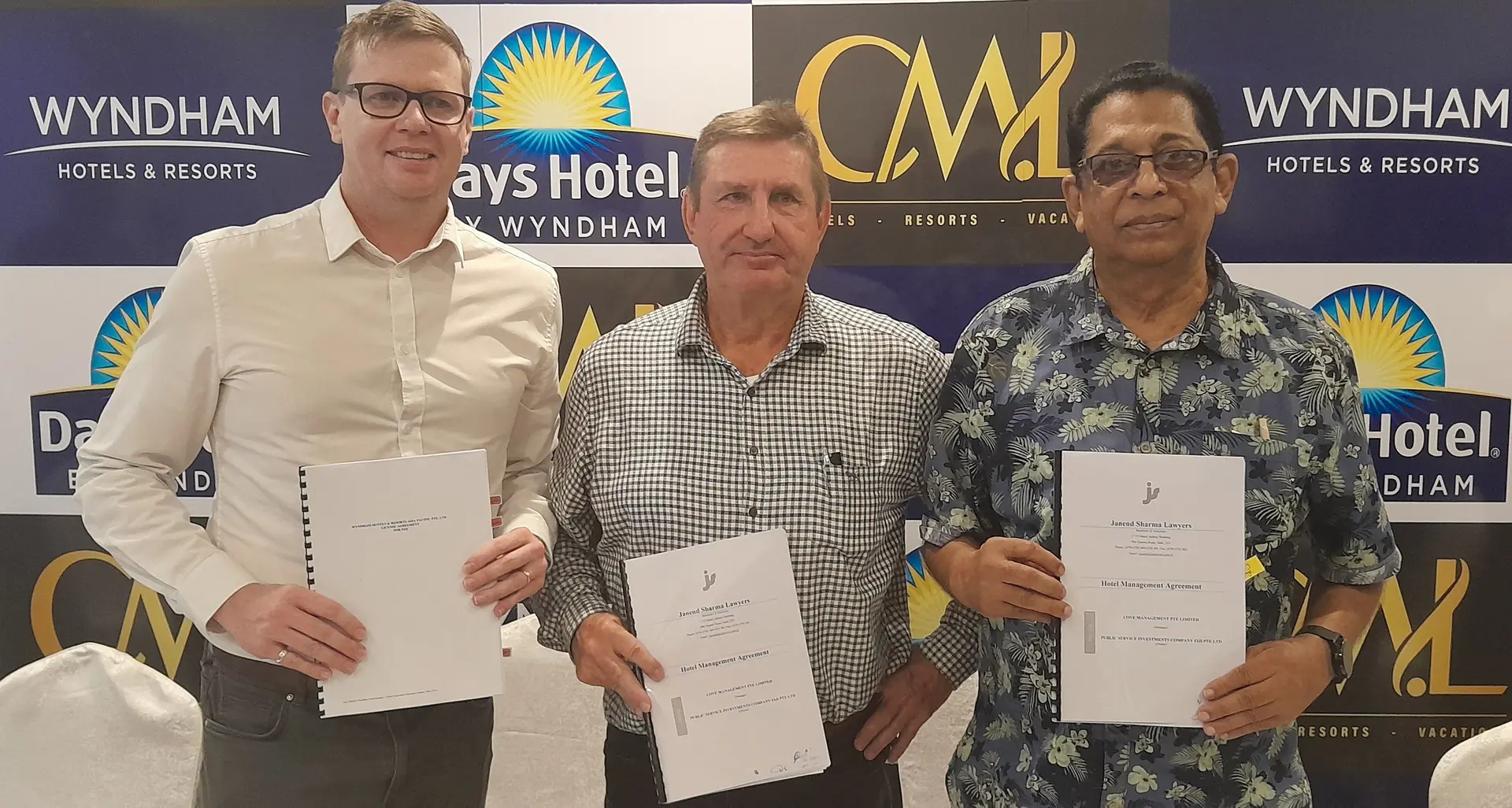 Wyndham Vice President of Development, (Southeast Asia and Pacific Rim) Matt Holmes, Cove Management Limited director Mark Hinton, and PSA Investment Company managing director Rajeshwar Singh, during the signing at Ramada Suites in Wailoaloa, Nadi on June 22, 2024. Photo: Waisea Nasokia
