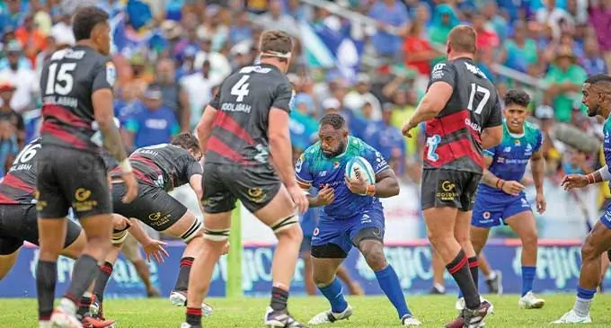 Swire Shipping Fijian Drua tighthead prop Mesake Doge on the charge against Crusaders at Churchill Park, Lautoka, on March 9, 2024. Photo: Leon Lord