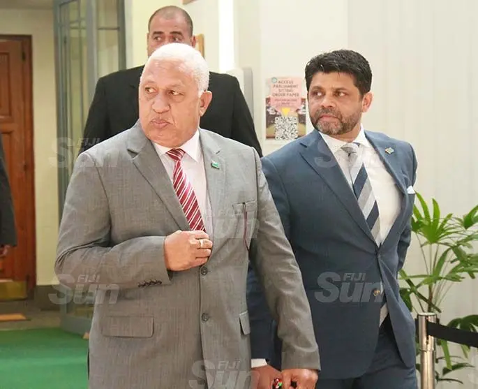 Prime Minister, Voreqe Bainimarama and Atttorney General, Aiyaz Sayed-Khaiyum outside of Parliament on July 29, 2020. Photo: Kelera Sovasiga