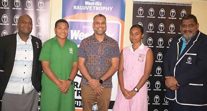 From left- Fiji Secondary Schools Rugby Association acting president Savenaca Muamua, Ballantine Memorial School Under 18 rep, Zipporah Sorokacika, CJ Patel group marketing manager Ashwin Prasad, Gospel High School’s Tokasa Tuisovivi and Fiji Rugby Union CEO, John O’Connor during the Weet-Bix Raluve Trophy competition launch at FRU House in Suva on July 21, 2022. Photo: Ronald Kumar.