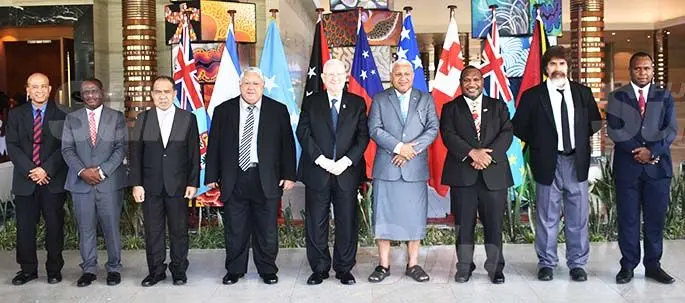 From left: Federated States of Micronesia Embassy Charge D’Affaires Wilson Waguk, Solomon Islands Minister for Foreign Affairs Jeremiah Manele, Deputy Prime Minister of Tuvalu Minute Alapati Taupo, Samoan Prime Minister Tuilaepa Lupesoliai Sailele Malielegaoi, Israeli President Reuven Rivlin, our Prime Minister Voreqe Bainimarama, Prime Minister of Papua New Guinea James Marape, Deputy Prime Minister of Tonga Vuna Fa’otusia, Minister for Internal Affairs of Vanuatu Andrew Solomon Napuat at the Pullman Nadi Bay Resort and Spa on February 20, 2020. Photo: Waisea Nasokia