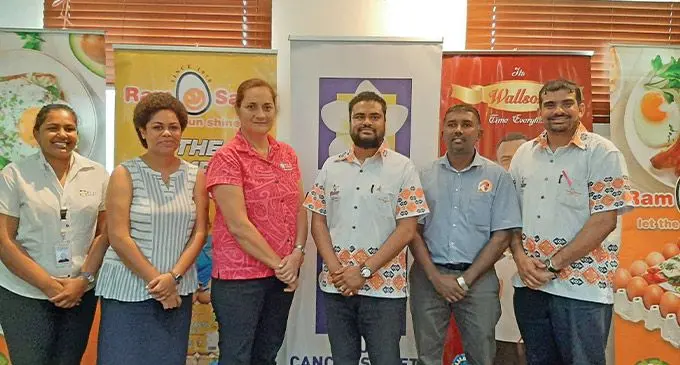 From left: Fiji Cancer Society staff members Anthea Sami, Grace Tuvakasiga, chief executive officer Belinda Chen, Ram Sami & Sons (Fiji) director Prashneel Goundar, National Sales manager Avinesh Gopal and Business Development manager, Ram Sami & Sons Abdul Shameer during the launch on September 30, 2022. Photo: Cindy Chand