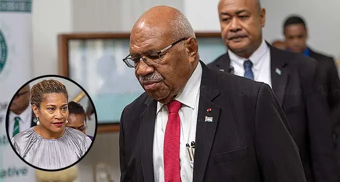 Prime Minister Sitiveni Rabuka. Inset: Minister for Women, Children and Social Protection Lynda Tabuya outside Parliament on March 11, 2024. Photos: Leon Lord