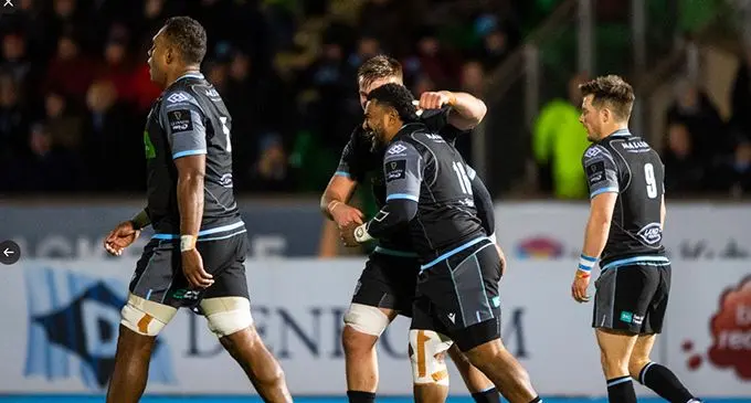 Mesulame Dolokoto celebrates after scoring one of his two tries on debut for Glasgow Warriors. INSET: Coach Dave Rennie.  