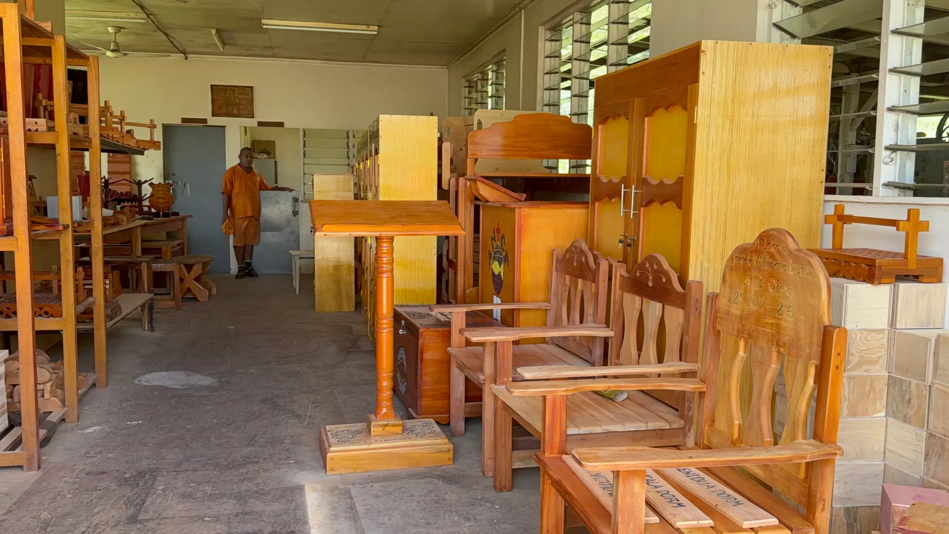 Cupboards and Chairs made by the Innmates at the Joinery Unit at FCS Naboro Prison.