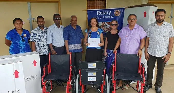 From left: Rotary Club of Lautoka youth ambassador and projects Melissa Tagicakibau, Sugar Festival Association vice-president Nathaniel Raj, Sugar Festival Association committee member Samy Narendra, Sugar Festival Association president Pusp Raj, Rotary Club of Lautoka president Crystal Bouchard, Purple Rose member Louise Ianna, Fiji Cancer Society member Margaret Rounds and Rotary Club of Lautoka treasurer, Chirag Parmar after the donation of wheelchairs at Koroipita Model Town in Naikabula, Lautoka on October 22, 2020. Photo: Nicolette Chambers