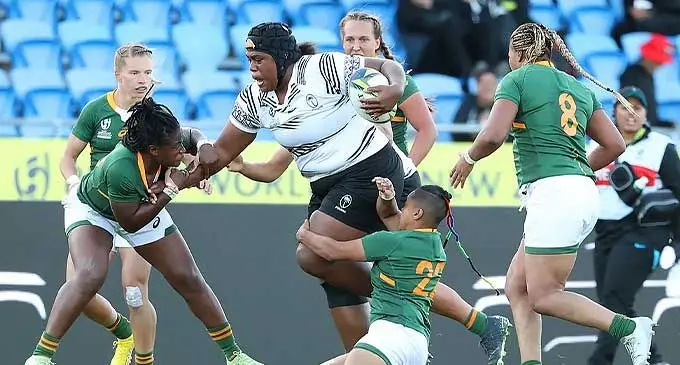 Rooster Chicken Fijiana XVs tighthead prop Siteri Rasolea on attack against South Africa during their New Zealand 2021 Women’s Rugby World Cup Pool C match at Waitakere Stadium in Auckland on October 16, 2022. Photo: Rugby World Cup