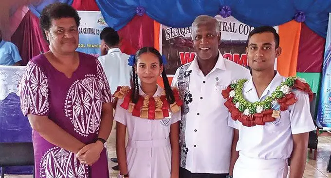 From left: Seaqaqa Central College Principal Vasemaca Drokamaisau, Head Girl Krishni Singh, Assistant Minister for Sugar George Vegnathan and Head Boy Abdul Mozid Khan during the prefect induction on April 26, 2022