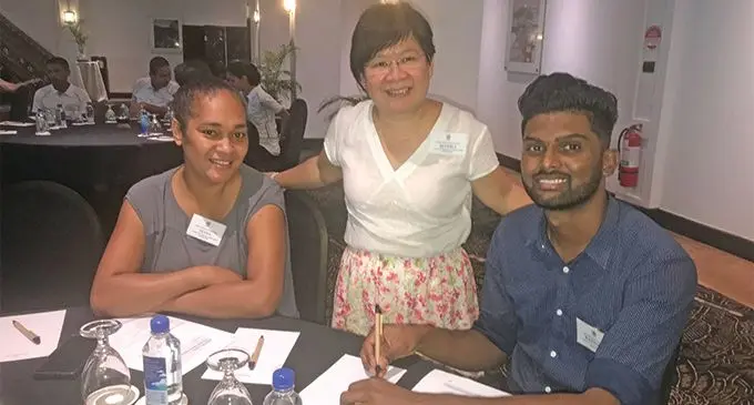 Fiji Institute of Accountants Executive Director Beverly Seeto with Diana Leba of Telecom Fiji and Ravinesh Chand of Biosecurity Authority of Fiji at yesterday’s workshop. Photo: Charles Chambers