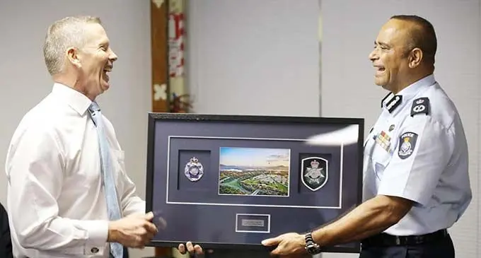Australian Federal Police Superintendent of Police Brett Kidner and Commissioner of Police Brigadier-General Sitiveni Qiliho in a farewell and welcome event recently. Photos: Fiji Police Force