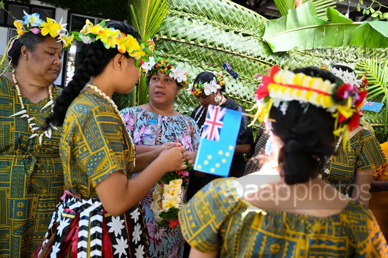 Traditional performers wait at a signing ceremony for the Australia-Tuvalu Falepili Union to come into force at the 53rd Pacific Islands Forum Leaders Meeting in Nuku'alofa, Tonga, Wednesday, August 28, 2024. 