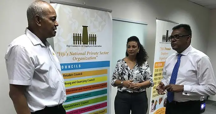 From left: Fiji Commerce and Employers Federation chief executive officer Kameli Batiweti, Fiji Hotel and Tourism Asscociation chief executive officer Fantasha Lockington and Permanent Secretary for Immigration Yogesh Karan.