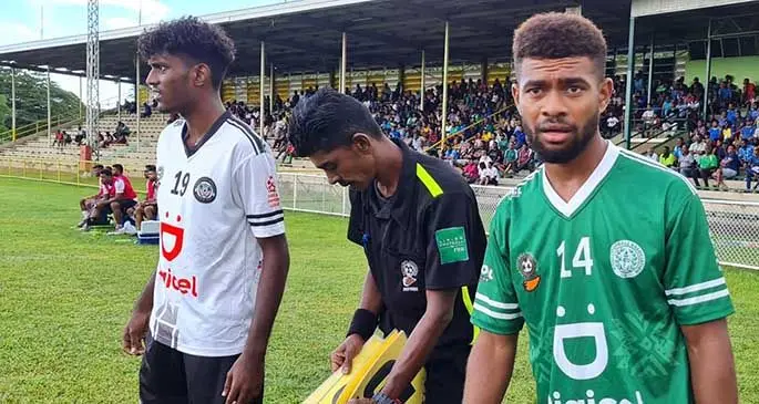 Merrill Nand of Suva (left) and Nadi’s Apisai Sesewa ready to take the field on March 28, 2021. Photo: Fiji FA Media