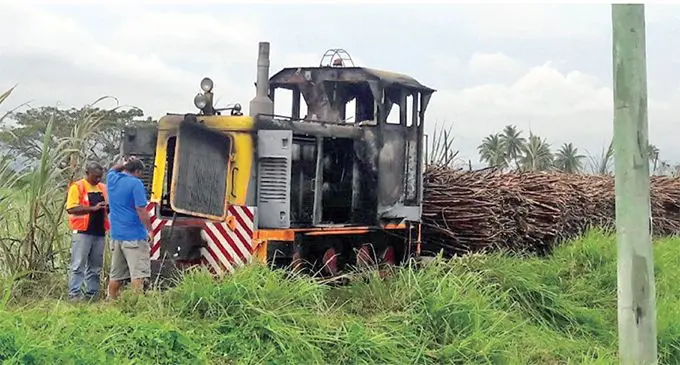 The sugarcane locomotive that caught fire in Vitogo, Lautoka. Photo: Salote Qalubau