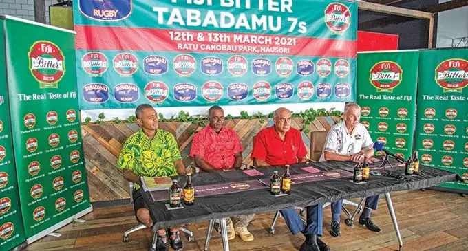 From left: Tabadamu 7s organiser, Jone Turaganiqali, Tabadmu president, Daniele Cakaunivalu snr, Paradise Beverages General Manager of Sales & Corporate Affairs, Joseph Rodan Snr and PB general manager, Michael Spencer during the announcement of the sponsorship in Suva on February 2, 2021. Photo: Leon Lord Leon Lord