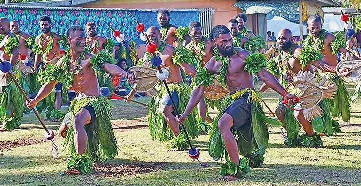 The men of Dogoru Village in Macuata perform the meke wesi (spear dance) during the Prime Minister, Sitiveni Rabuka’s recent visit to Vunikawakawa Settlement in Labasa. Photo: Sampras Anand.