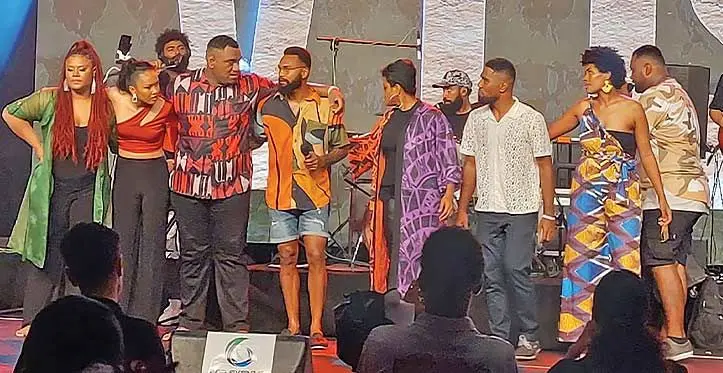 VTBOP artists including Ratu (front, third from left), and Billy T (front, fourth from left), performing on stage.