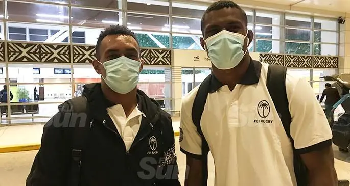 Fijian 7s squad members, Sireli Maqala (left) and Jiuta Wainiqolo at Nadi International Airport on June 5, 2021. Photo: Waisea Nasokia