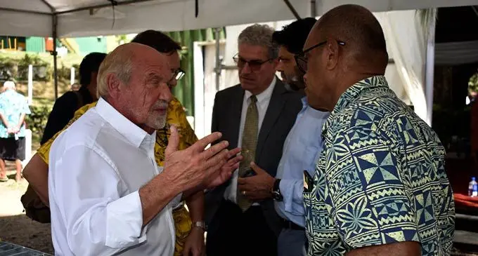From left: Lion One founder, president and chief executive officer, Walter Berukoff, senior vice president exploration, Sergio Cattalani, chief operating officer Patrick Hickey,  Attorney-General and Minister for Economy, Aiyaz Sayed-Khaiyum, and Minister for Mineral Resources, Jone Usamate, during the celebration of Lion One Metals lease  extension on August 8, 2022. Photo: Nicolette Chambers