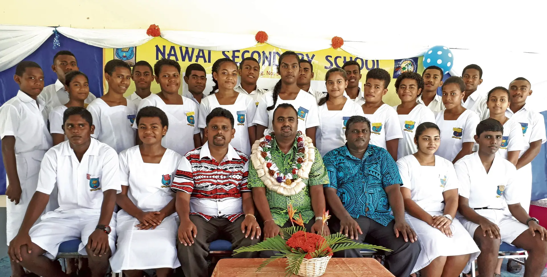 Standing Back Row :L-R – Raicula Rokovou, Timoci Korise, Iliasa Taukeinalotu, Ratu Epi Batirerega, Mosese Taukeinawau, Sitiveni Lasaitoga, Sitiveni Dreunidaka, Maciu Naiorodei, Vetatia Nabou, Middle Row : L-R – Kitione Matava Bulivono, Manshika Devi, Salome Cocotabua, Maraia Korosaya, Kasanita Mata, Ashli Avishka, Asheeta Ram, Aliti Yalovuku, Alumeci Nakalevu, Meresamoavi Ravula, Sweta Muni Reddy, Front Row : L-R – Venesh Naidu (Deputy Headboy), Laisani Bola (Deputy Head Girl), Aminesh Ram (Principal), Shalendra Rao (Chief Guest -Education Officer Nadroga Navosa), Dharmendra Reddy (School President), Sweta Shivani (Head Girl), Shavinesh Vikash Nand (Head Boy). Photo: NAWAI SECONDARY SCHOOL