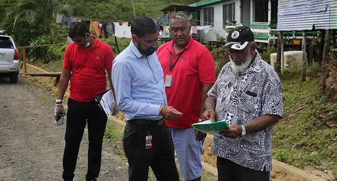 Fiji National Provident Fund chief financial officer Pravinesh Singh with his team and the Waidamudamu Community president Mehboob Rahim Ali on April 15, 2020. Photo: Inoke Rabonu