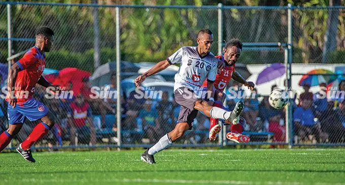 Suva defender Samuela Navoce clears against Navua in the Digicel Premier League clash at the Uprising Sports Centre in Pacific Harbour on April 10,2022. Photo: Leon Lord
