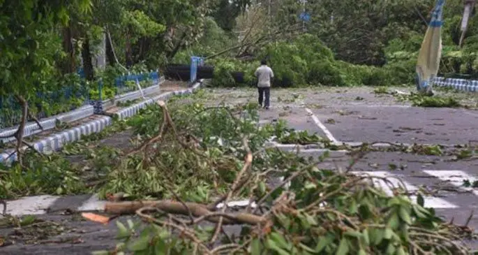 A commuter walks beside uprooted trees after severe cyclonic storm Amphan hit Kolkata, India on May 21, 2020. Chief Minister of India's eastern state of West Bengal Mamata Banerjee said on Thursday that 72 people were killed in the state due to the severe cyclonic storm Amphan. The cyclonic storm triggering gusty winds up to 190 kilometers per hour and heave rainfall battered West Bengal and coastal Odisha Wednesday evening, flattening makeshift houses and uprooting electric poles and trees. (Str/Xinhua)
