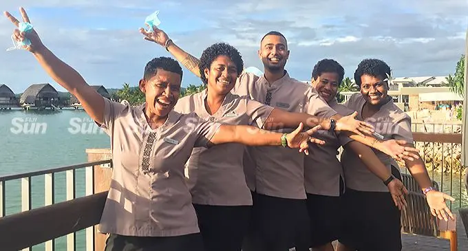It’s good to be back.... Fiji Marriott Resort Momi Bay staff of Goji Kitchen & Bar (from left): Salote Kaltabu, Losalini Gibson, Avinash Chaudhary, Asinate Komailevu and Nate Lewati on April 2, 2022. Photo: Laiseana Nasiga
