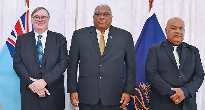 From left; Justice of Appeal of the Court of Appeal of Fiji, Paul Heath and President Ratu Wiliame Katonivere and Acting Chief Justice Salesi Temo after the the swearing-in ceremony at the State House on July 1, 2024. Photo: DEPTFO News