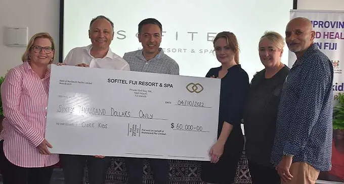 From left: Accor Pacific chief executive officer Sarah Derry, Accor senior vice president operations finance Australia Steven Lake, Sofitel Fiji Resort and Spa general manager Vincent Macquet, Cure Kids Fiji fundraising and operations manager Jennifer Miller, Accor senior vice president operations New Zealand Fiji and French Polynesia Gillian Millar and Cure Kids Fiji director Bobby Raniga on October 4, 2022. Photo: Nicolette Chambers