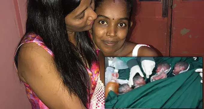 Rashika Kumari (right), who delivered quadruplets on Saturday, receives a congratulatory kiss from her aunt Kiran Lata at the Colonial War Memorial Hospital. INSET: The newborn quadruplets at CWMH on March 16, 2020