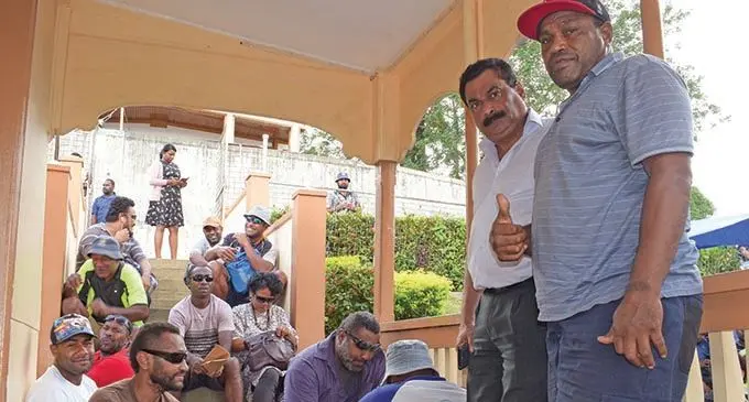 Fiji Trades Union Congress general secretary Felix Anthony with Water Authority of Fiji workers, whose contracts ended on April 30, at the FTUC office in Suva on May 1, 2019. Photo: Ronald Kumar