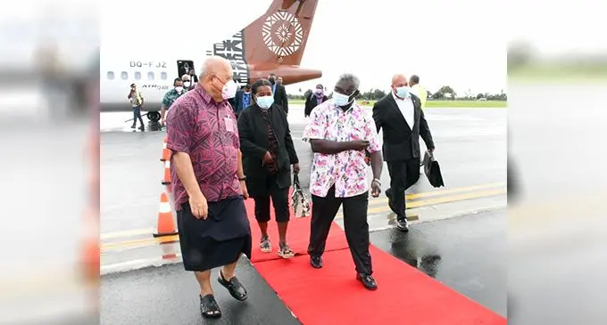 Newly-appointed Fijian High Commissioner to New Zealand and Roving Ambassador Ratu Inoke Kubuabola (left), welcomes Solomon Islands’ Prime Minister Manasseh Sogavare as he arrived at the Nausori International Airport on July 10, 2022 for this week’s Forum Leaders Meeting in Suva. The meeting starts today and ends on Thursday. Photo: DEPTFO News