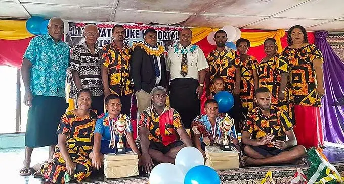 Ratu Luke Memorial Primary School dux Sisa Racule and Sereana Didali with parents, teachers and guests during the prize giving ceremony in Bua on December 2, 2022.