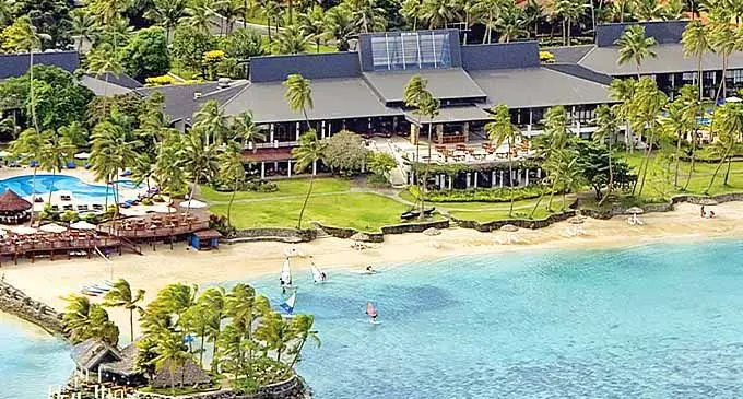 An aerial view of the coastal Warwick Fiji Resort, at Korolevu.