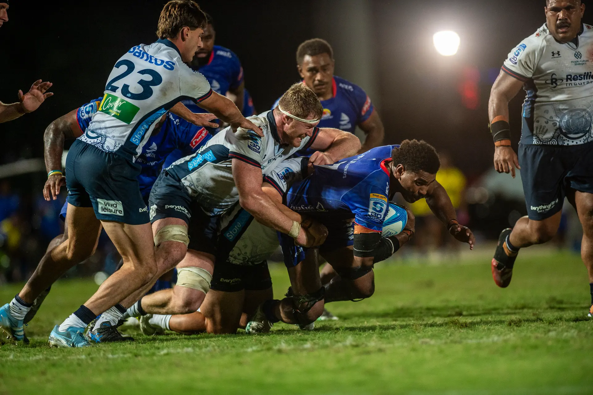 Fijian Drua flanker Kitione Salawa leads the attack against NSW Waratahs at the National Stadium in Suva on May 16, 2026. Photo: Leon Lord