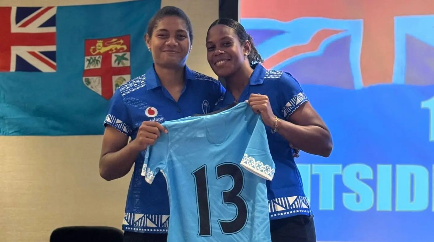 Verenaisi Ditavutu (right) and Fijiana XVs captain Alfreda Fisher during their jersey presentation on July 19, 2025. Photo: FRU media 