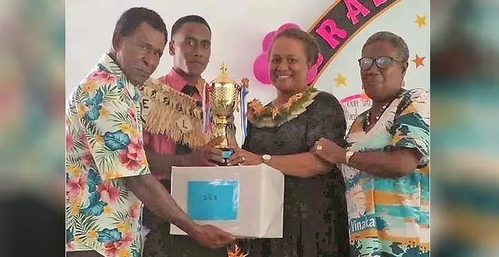 Akelio Nalagi, second from left, with his parents Akelio and Maoto Nalagi and chief guest Iliseva Volai during the Monfort Technical Institute prizegiving in Savusavu on November 25, 2023. Photo: Shratika Naidu